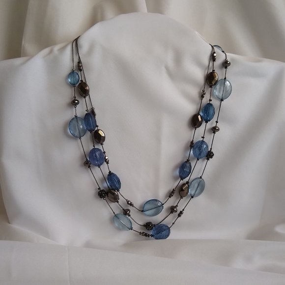 New York & Company Jewelry - Three strand blue and silver bead statement necklace (NY & Co.)